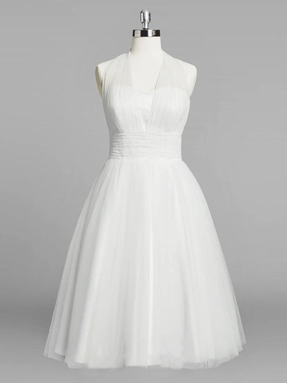 Halter A-Line Tea Length Tulle Wedding Dress With Ruching