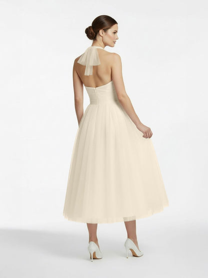 Halter A-Line Tea Length Tulle Wedding Dress With Ruching