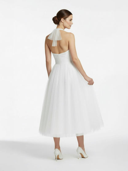 Halter A-Line Tea Length Tulle Wedding Dress With Ruching