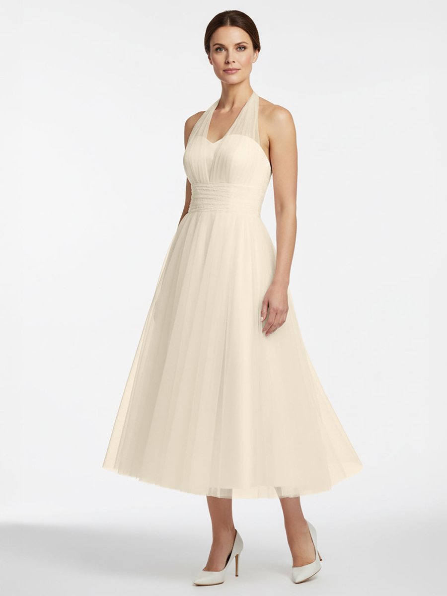 Halter A-Line Tea Length Tulle Wedding Dress With Ruching