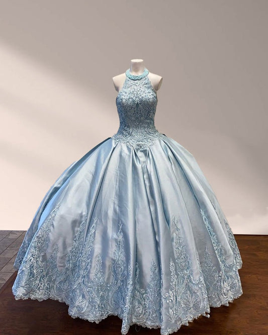 Halter Beaded Sky Blue Satin Ball Gown Quinceañera Dress
