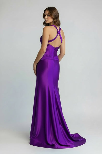 Green Satin Mermaid Slit Prom Dress with Criss Cross Neck