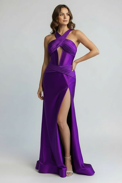 Green Satin Mermaid Slit Prom Dress with Criss Cross Neck
