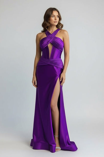 Green Satin Mermaid Slit Prom Dress with Criss Cross Neck