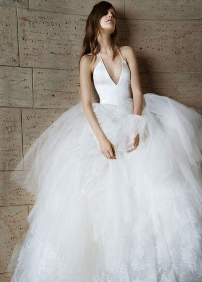Elegant Halter Straps Sexy Backless A-Line White Wedding Dress with Puffy Tulle Skirt
