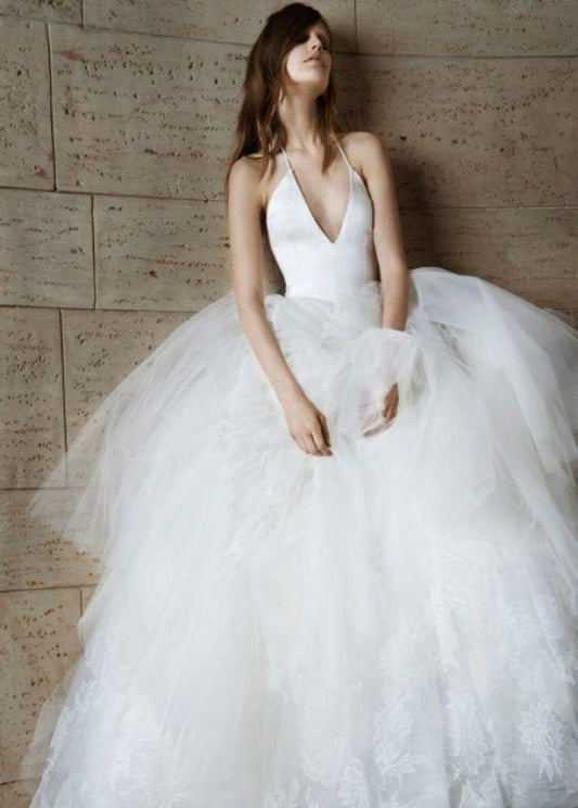 Elegant Halter Straps Sexy Backless A-Line White Wedding Dress with Puffy Tulle Skirt