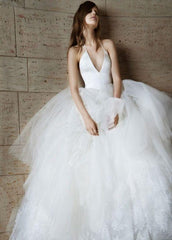Elegant Halter Straps Sexy Backless A-Line White Wedding Dress with Puffy Tulle Skirt