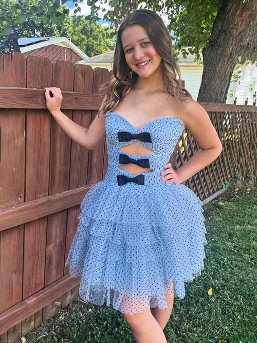 Dusty Blue - A Line Strapless Dot Tulle Ruffle Homecoming Dresses With Bow