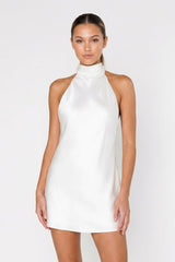 High Neck Satin Sheath Graduation Dress With Bow