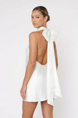 High Neck Satin Sheath Graduation Dress With Bow