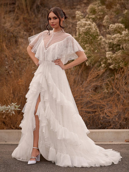 High Split A-Line See-through Short Sleeves Ruffle Tulle Wedding Dresses