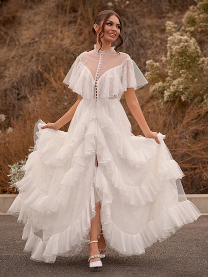 High Split A-Line See-through Short Sleeves Ruffle Tulle Wedding Dresses