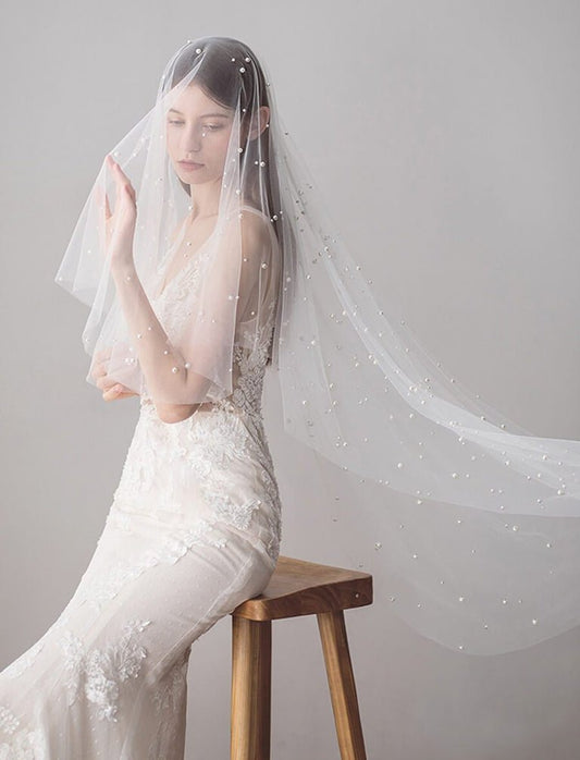 Hip Length Ivory Tulle Wedding Veils with Pearl Drop Veil