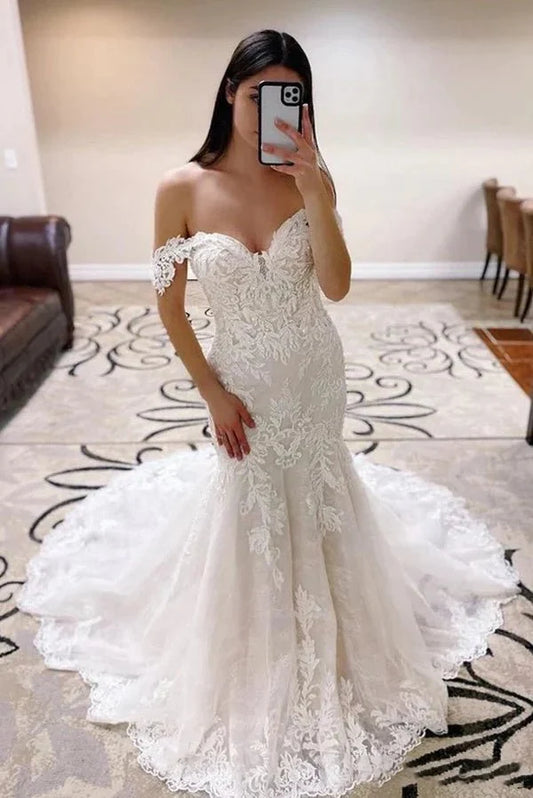 Hot Sale Lace Appliques Mermaid Off the Shoulder Beach Boho Wedding Dresses