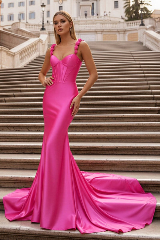 Hot Pink Floral Straps Mermaid Satin Long Prom Dress