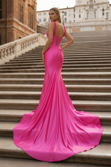 Hot Pink Floral Straps Mermaid Satin Long Prom Dress