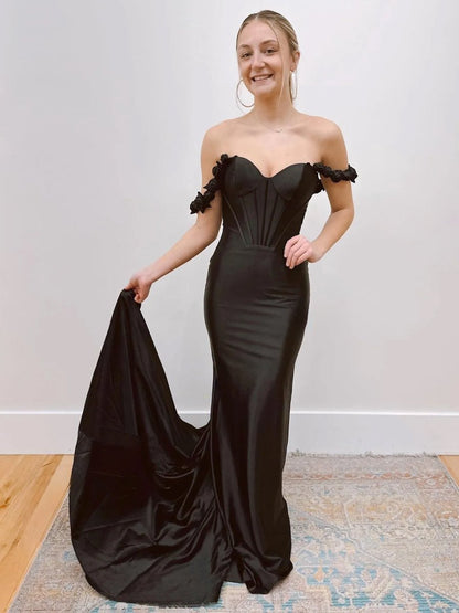 Hot Pink Floral Straps Mermaid Satin Long Prom Dress