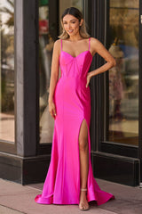 Hot Pink Mermaid Satin Simple Prom Dress