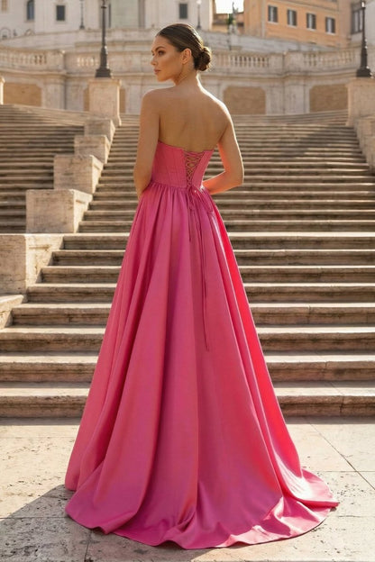 Hot Pink Sweetheart Lace-Up A-Line Long Formal Dress