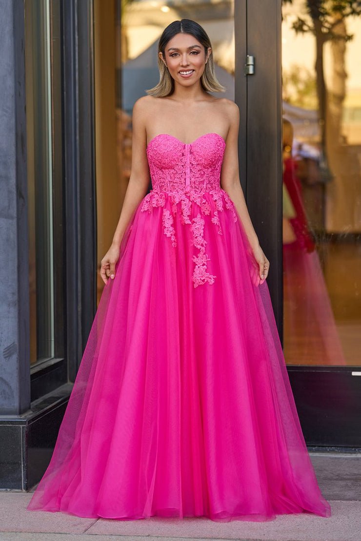 Hot Pink A-Line Tulle Lace Sweetheart Long Prom Dress