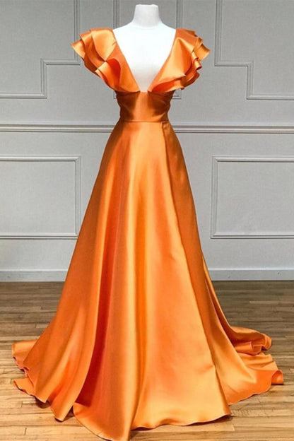 Hot Pink V-Neck Ruffle A-Line Long Prom Dress