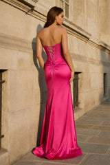 Fuchsia Beaded Strapless Applique Formal Dress with Slit