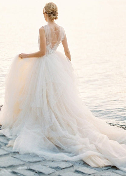 Illusion Lace V-Neck Appliqued Sleeveless V-Back Tulle Wedding Dress
