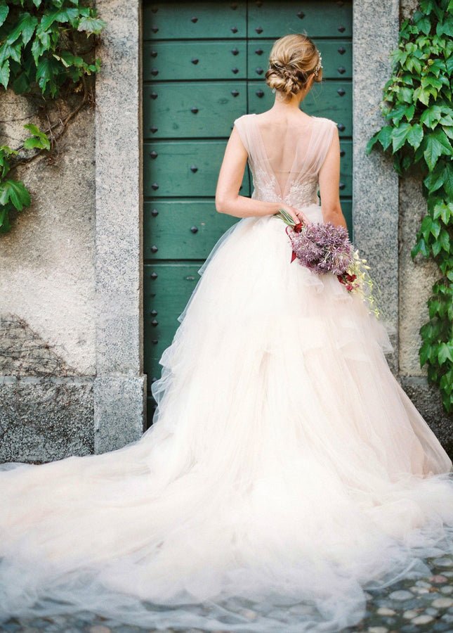 Illusion Lace V-Neck Appliqued Sleeveless V-Back Tulle Wedding Dress