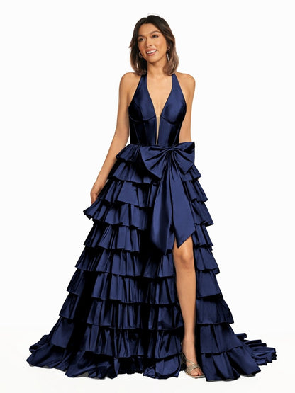 Halter A-Line Blue Satin Long Ruffled Prom Dress With Slit
