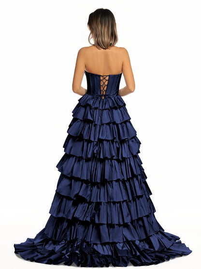 Halter A-Line Blue Satin Long Ruffled Prom Dress With Slit