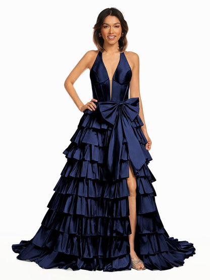Halter A-Line Blue Satin Long Ruffled Prom Dress With Slit