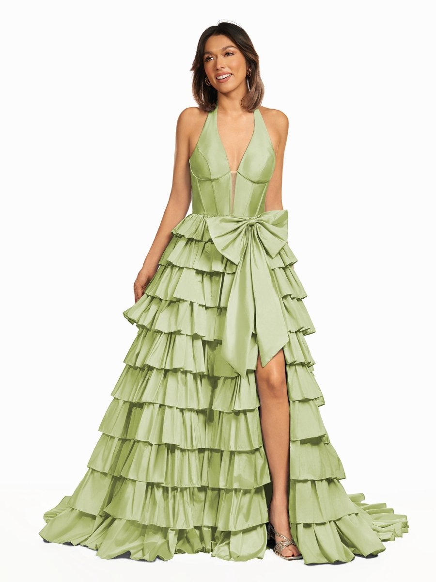 Halter A-Line Blue Satin Long Ruffled Prom Dress With Slit