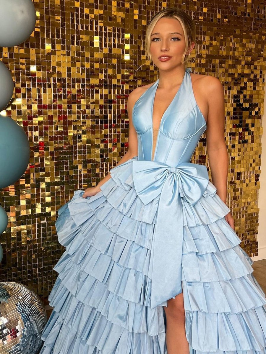 Halter A-Line Blue Satin Long Ruffled Prom Dress With Slit