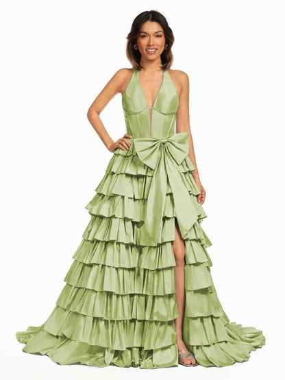 Halter A-Line Blue Satin Long Ruffled Prom Dress With Slit