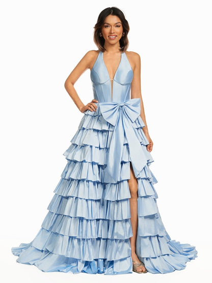 Halter A-Line Blue Satin Long Ruffled Prom Dress With Slit