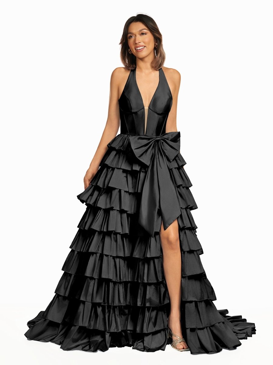 Halter A-Line Blue Satin Long Ruffled Prom Dress With Slit