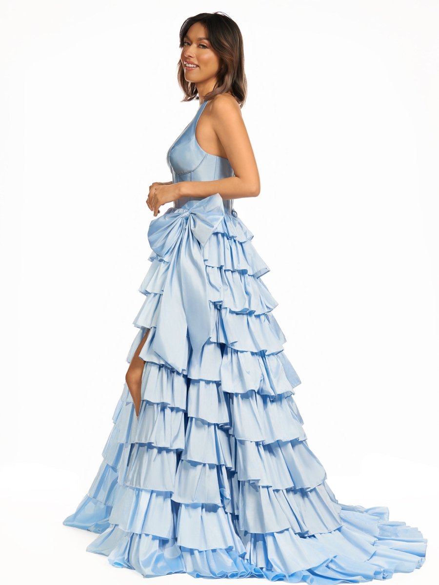 Halter A-Line Blue Satin Long Ruffled Prom Dress With Slit
