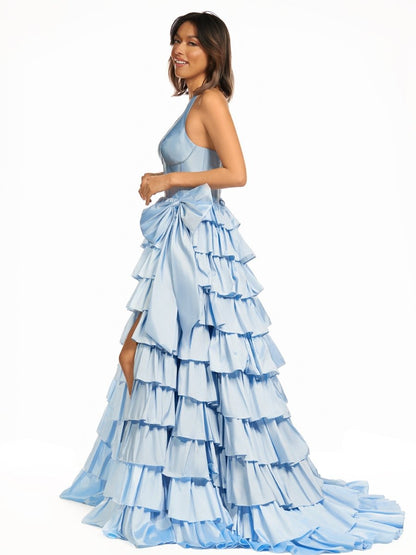Halter A-Line Blue Satin Long Ruffled Prom Dress With Slit