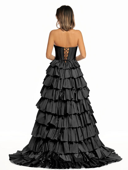 Halter A-Line Blue Satin Long Ruffled Prom Dress With Slit