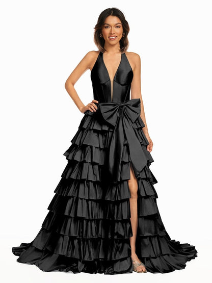 Halter A-Line Blue Satin Long Ruffled Prom Dress With Slit