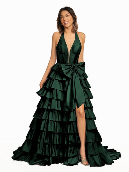 Halter A-Line Blue Satin Long Ruffled Prom Dress With Slit
