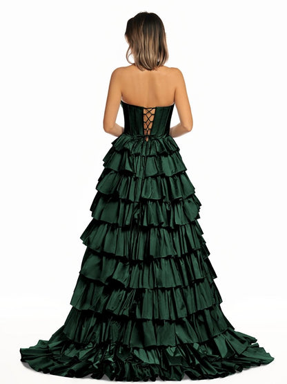 Halter A-Line Blue Satin Long Ruffled Prom Dress With Slit