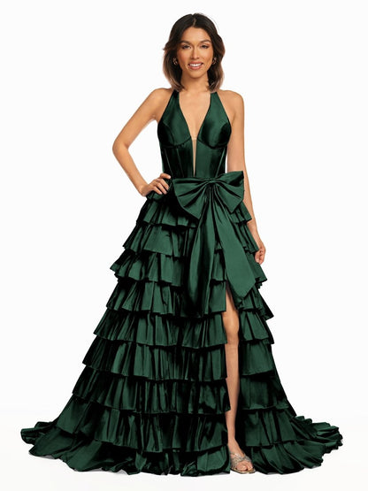 Halter A-Line Blue Satin Long Ruffled Prom Dress With Slit