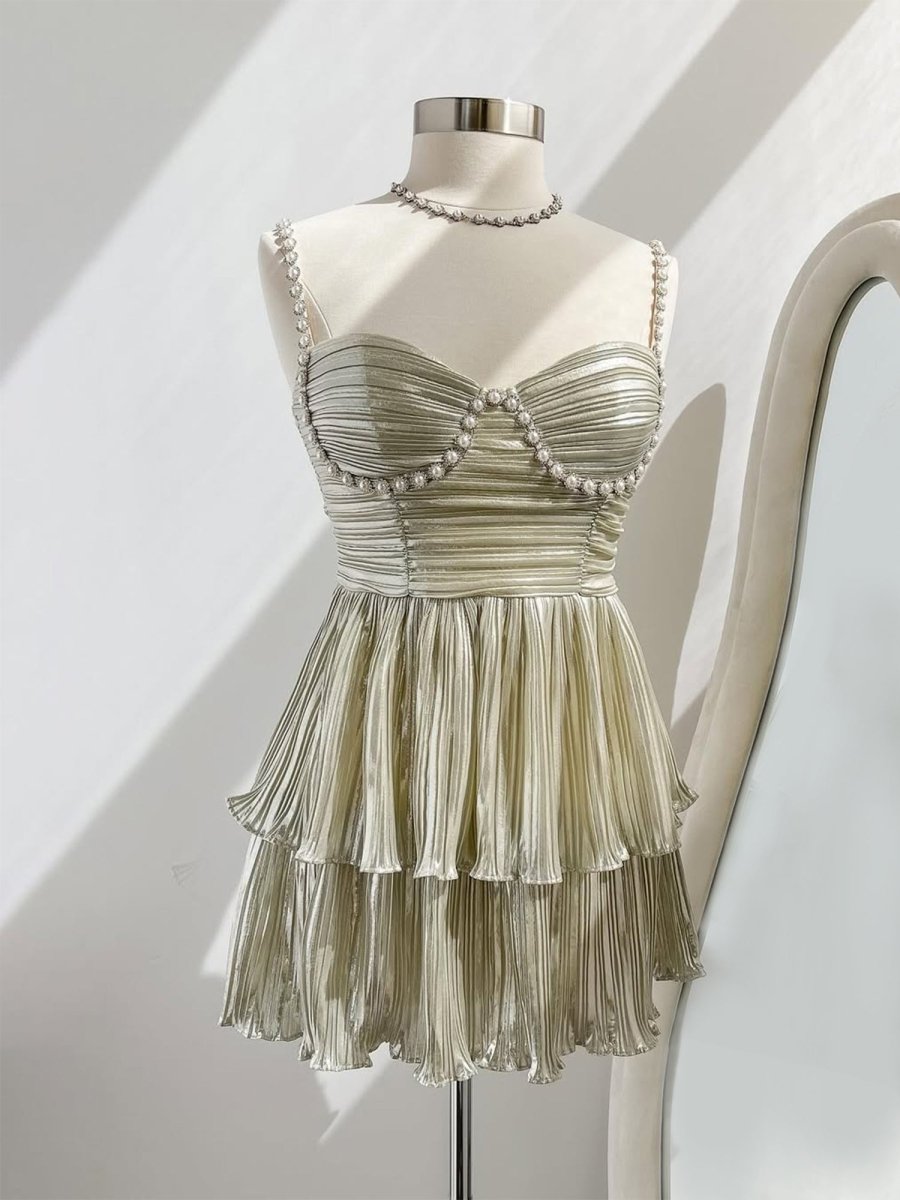 Gold - Spaghetti Straps A Line Metallic Pleated Short Homecoming Dresses With Beading