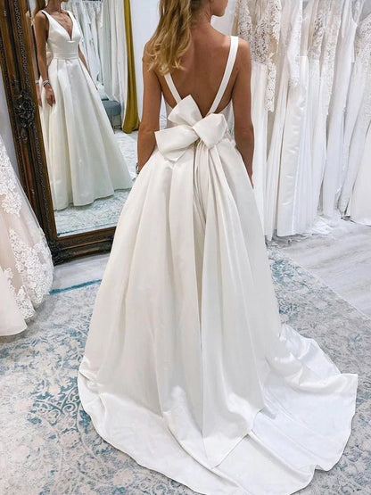 Ivory A-Line Deep V-Neck Long Wedding Dress with Bowknot