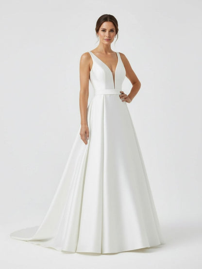 Ivory A-Line Deep V-Neck Long Wedding Dress with Bowknot