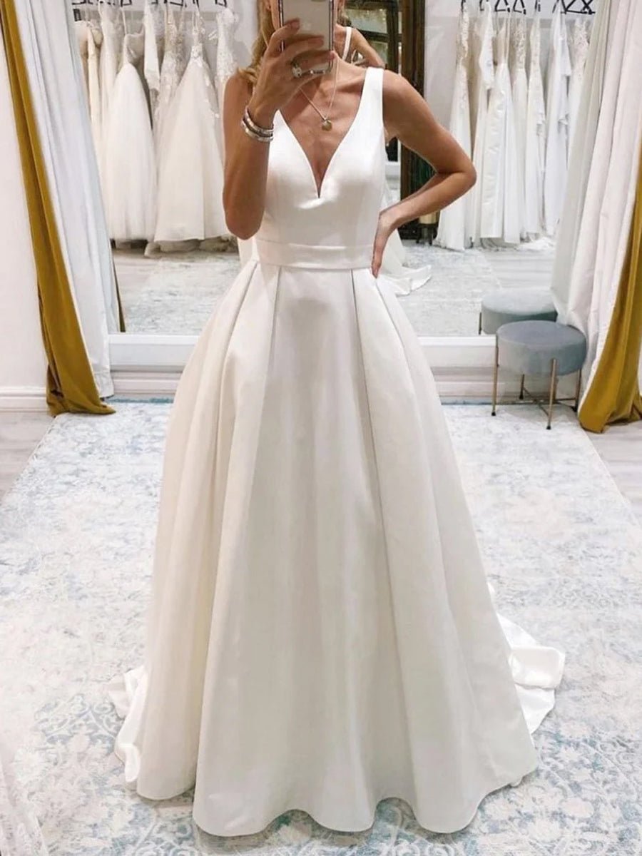 Ivory A-Line Deep V-Neck Long Wedding Dress with Bowknot
