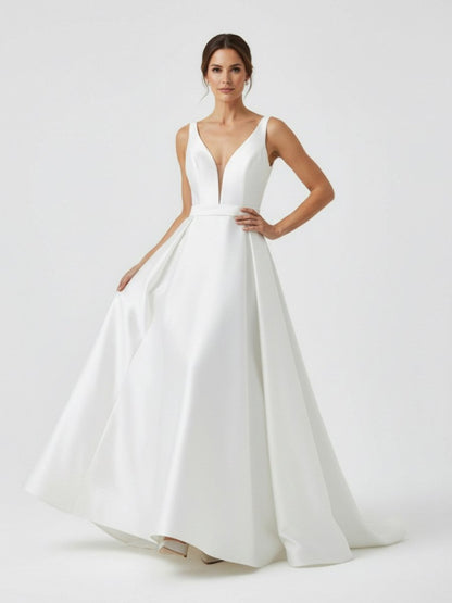 Ivory A-Line Deep V-Neck Long Wedding Dress with Bowknot