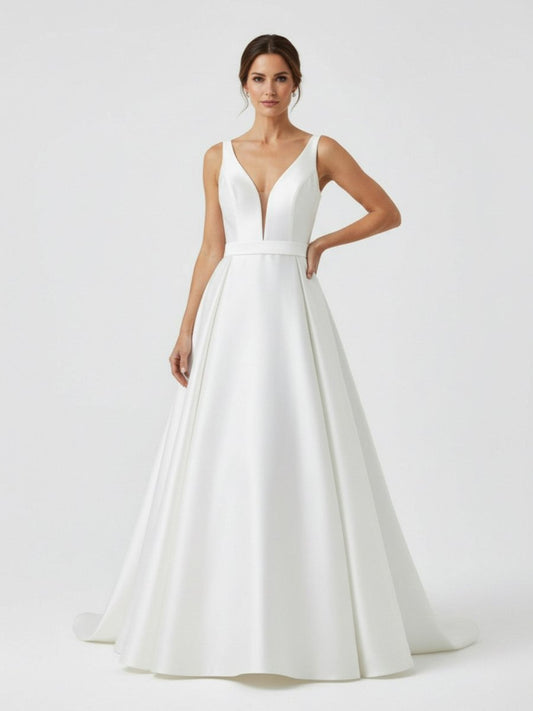 Ivory A-Line Deep V-Neck Long Wedding Dress with Bowknot