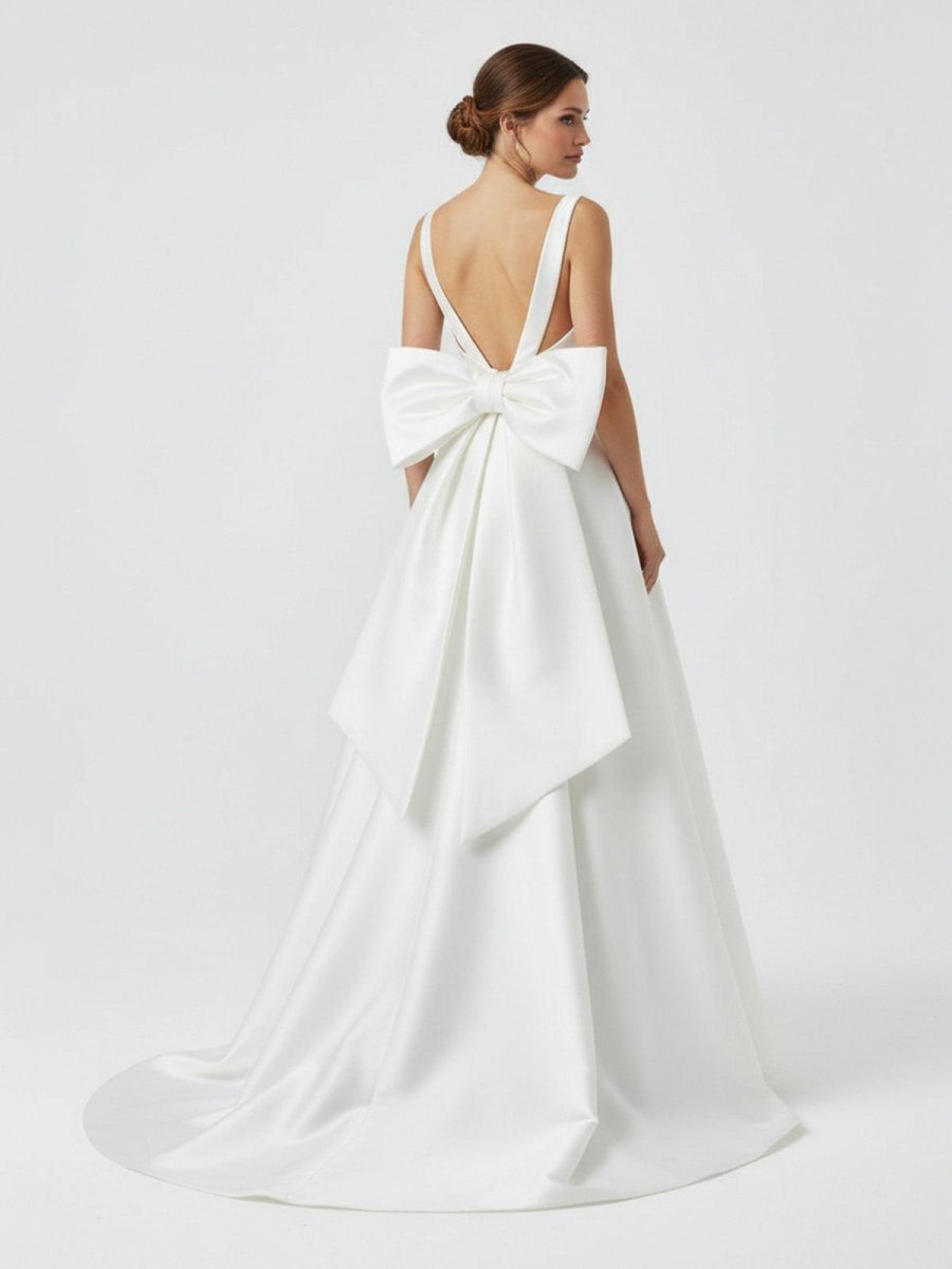 Ivory A-Line Deep V-Neck Long Wedding Dress with Bowknot